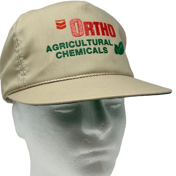 Vintage 80s Chevron Ortho Agricultural Chemicals Hat Cap K-Brand USA Made Beige - Picture 1 of 10